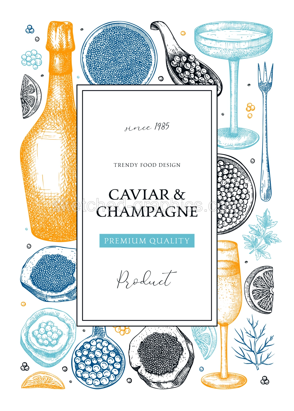 Caviar and champagne frame design in color. Hand drawn red caviar canape, canned black caviar, sparkling wine bottle, glasses sketches. Seafood vector background for prints, banners, menus Illustration